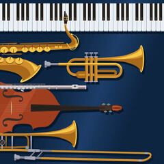 Musical instruments on midnight blue background. Used for jazz performances. Piano, tenor saxophone, trumpet, flute, contrabass, and trombone. Vector illustration in flat cartoon style. © lonesomebunny
