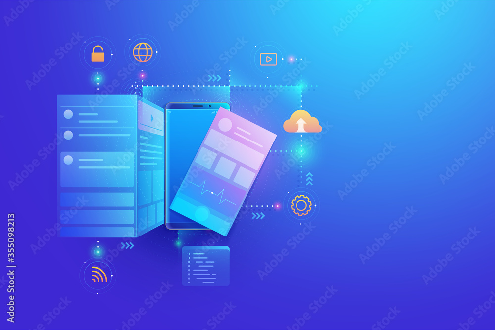 Poster mobile app development and web design, application building, app coding on smartphone screen concept