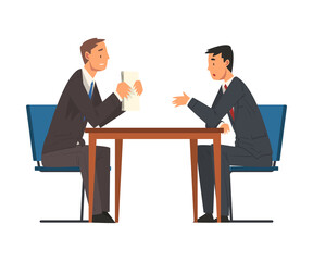 Business Negotiations, Businessmen Meeting, Exchanging Information, Solving Problems, Productive Partnership Cartoon Vector Illustration