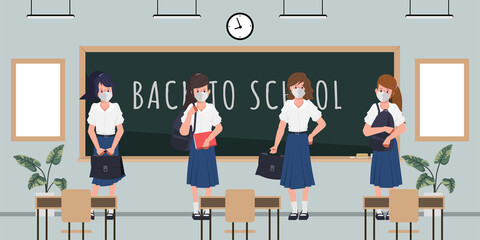 Student back to school with new normal concept. Classroom blackboard background.