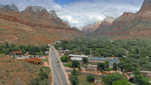 Aerial: Springdale, a town at the entrance of Zion National Park. Utah, USA