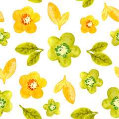 Seamless pattern with sprigs and leaves. Hand watercolor illustration on a white background. Elements for summer and spring design of fabric, wallpaper, packaging, cover, scrapbooking, digital paper