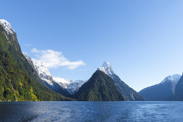 Panoramic View at Milford Sound Harbor, South Island, New Zealand; Morning Time Scenery