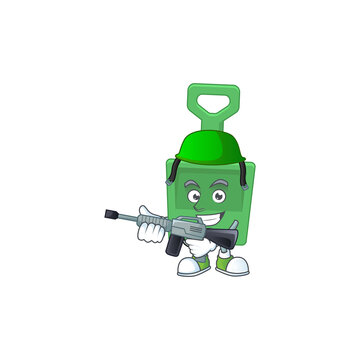 A mascot design picture of green sand bucket as a dedicated Army using automatic gun