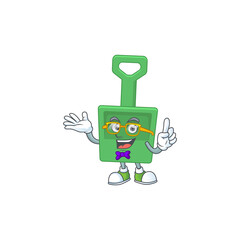 Cartoon character design of nerd green sand bucket with weird glasses