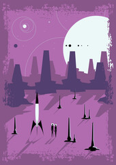 Retro Future Space Poster, Painting Set, Alien Landscapes, Space Rockets, Mid Century Modern Art Stylization 