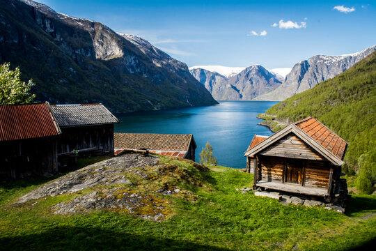 view on the old historical village of Otternes, norway, with aurlandsfjord fjord view