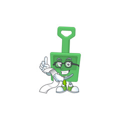 cartoon mascot design of green sand bucket holding a menu list