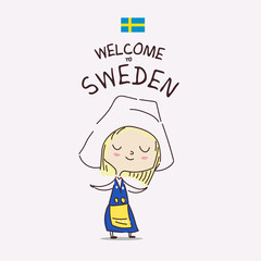Welcome to Sweden. Postcard with a cute swedish girl in national costume. Swedish hospitality. Sweden flag.