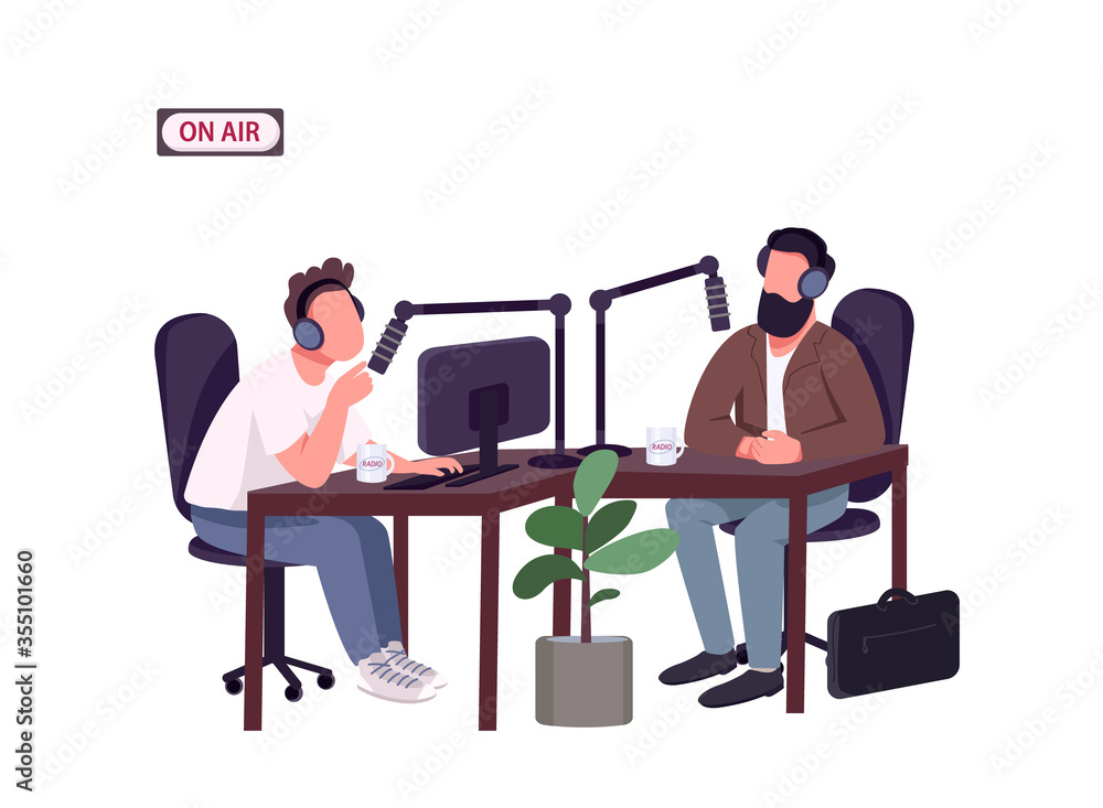 Poster radio show host and guest flat color vector faceless characters