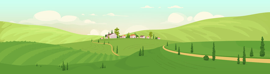 Old hilltop village flat color vector illustration
