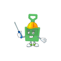 A cartoon image of green sand bucket in a automotive character