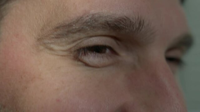 High quality close-up 4k slow motion video of a man eye blinking during the conversation
