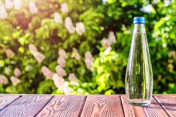 A bottle of drinking water stands on a green natural background
