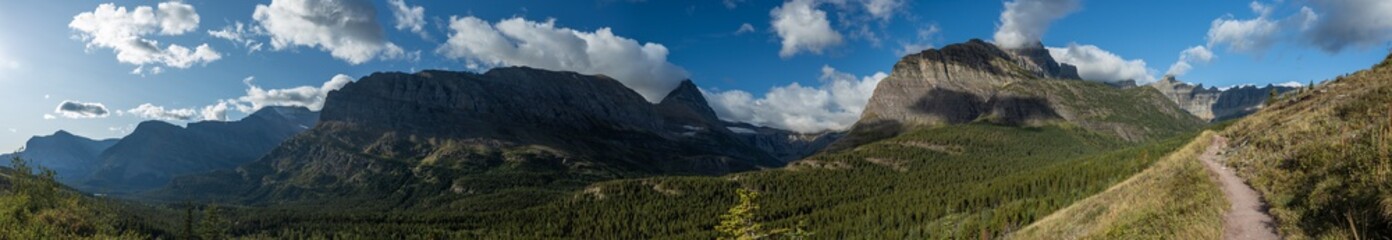 panoramic view of mountains on the trail to iceberg lake, Glacier National Park, Montana. 