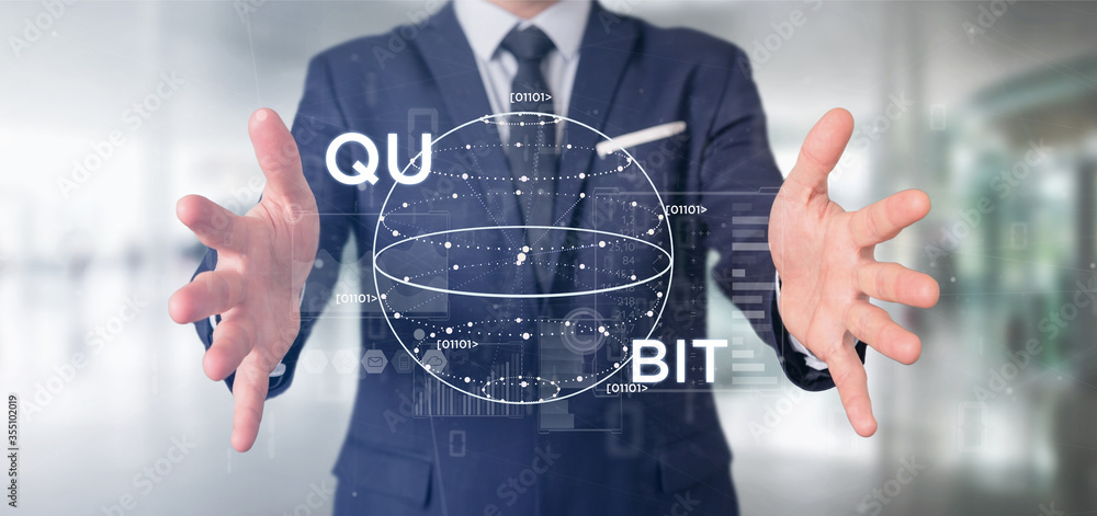 Poster businessman holding quantum computing concept with qubit icon 3d rendering