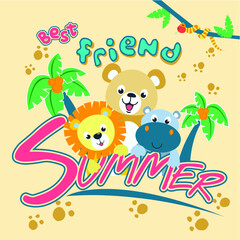 in summer with funny friends vector cartoon illustration