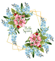 Watercolor illustration, Hello Spring.Rosehip flowers. Myosotis. leaves, buds, flowers, berries, handmade,card for you
