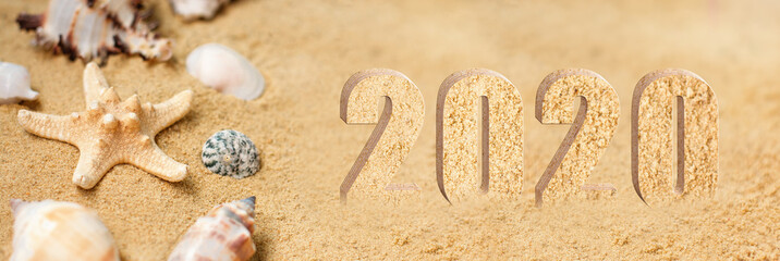 Rest 2020. Vacation memories from beach, seashell and starfish. Summer beach background travel concept. Banner.Copy space for text.