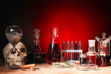 Different potions on alchemist's table