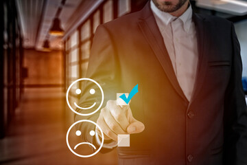 Businessman giving rating with happy icon like customer satisfaction survey