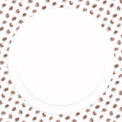 Many coffee beans at white background. Isolated seeds. Roast arabica restaurant concept. Taste energy brown morning beverage. Cafe wallpaper. Round frame with copyspace. Square