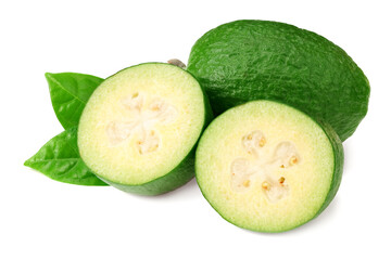 Tropical fruit feijoa with slices isolated on white background. Acca sellowiana
