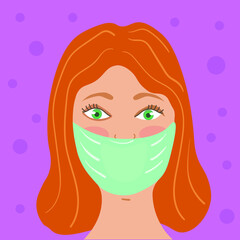 Woman in  medical face mask to prevent disease, flu, air pollution, contaminated air, world pollution.. Vector illustration in flat style. Concept of coronavirus quarantine.