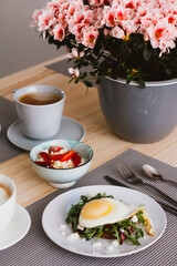 breakfast, coffee and flowers.