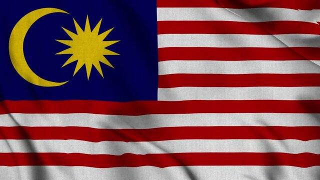 Malaysia national flag waving with fabric texture fluttering in wind in a seamless loop in smooth slowmotion animation background