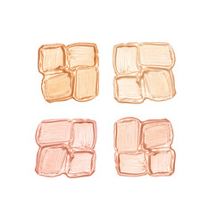 Four different options for foundation. Concealer cream texture. Women liquid makeup product. White background isolated. Beige bb or cc tone stroke. Base cosmetics. Brushstrokes. Corrector tonal paint