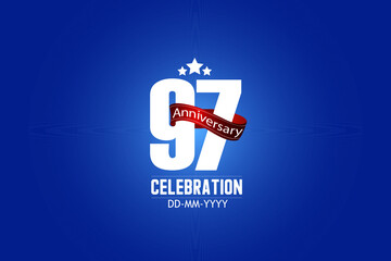 Patriotic 97 year anniversary celebration white color number USA Style Red ribbon on Blue Background - vector