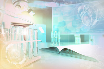 medical university background or texture - test tubes and microscope in office - conceptual medical 3D illustration