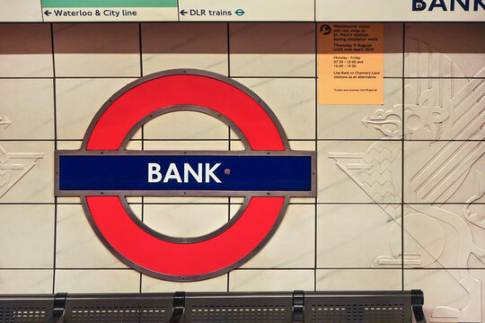 London, United Kingdom - February 01, 2019: Underground BANK station sign at wall of central line tube station