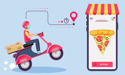 Fast pizza delivery with a man on scooter. Vector Illustartion