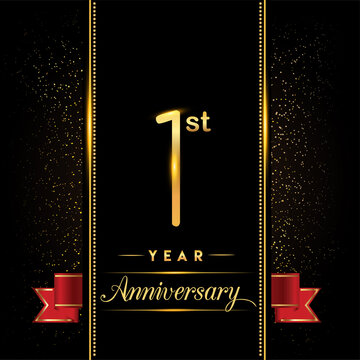 1st anniversary logo with confetti golden colored and red ribbon isolated on black background, vector design for greeting card and invitation card.