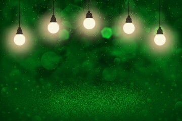 Fototapeta na wymiar green cute brilliant glitter lights defocused bokeh abstract background with light bulbs and falling snow flakes fly, festal mockup texture with blank space for your content