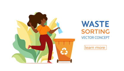 Obraz na płótnie Canvas Young afro American woman throwing plastic garbage into containers vector illustration.