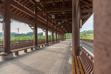Perspective view of corridor structure of Chinese style classical architecture corridor