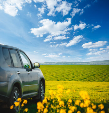 Car parked in a green field on a country road. Beautiful spring day at countryside.