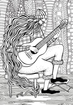 Guitar Player. Man With A Classical Guitar. Music Coloring Book Page For Adults And Children. Black And White Vector.