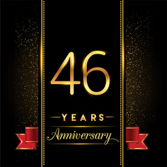 46th anniversary logo with confetti golden colored and red ribbon isolated on black background, vector design for greeting card and invitation card.