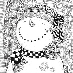 Cheerful snowman. Winter, snow, sled, carrot. Merry Christmas, Happy New Year. The pattern for adult coloring book. Black and white.