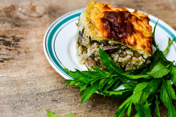  Potato shepherd's pie.  Potato and minced meat  Casserole  with   parmesan cheese and garlic on wooden rustic bakcgound. 