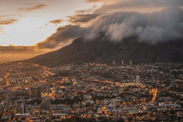 Sunrise in Cape town - capital of South Africa.Table mountain. view from above. harbor in the city. daylight. industrial landscape. high quality photo. night city