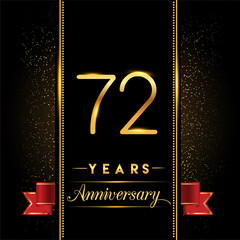 72nd anniversary logo with confetti golden colored and red ribbon isolated on black background, vector design for greeting card and invitation card.