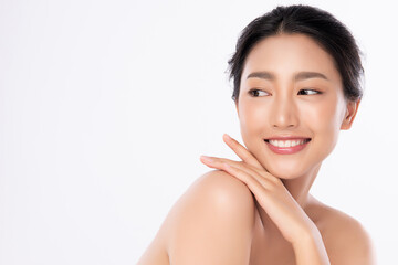 Beautiful Young asian Woman touching her clean face with fresh Healthy Skin, isolated on white...