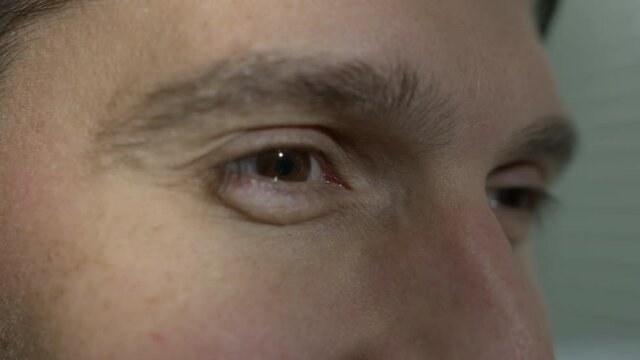 High quality close-up 4k slow motion video of a man eye blinking during the conversation