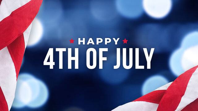 Happy 4th of July Text Over Blue Bokeh Lights Texture Background and Patriotic American Flags for Independence Day Holiday