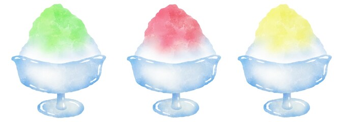 メロン味、イチゴ味、レモン味のかき氷セット